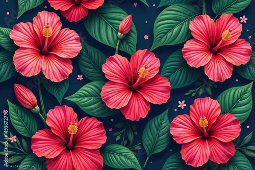 Wallpaper Mural Bold, vibrant hibiscus blooms, tropical leaves, seamless repeat , seamless, exotic, blossom Torontodigital.ca