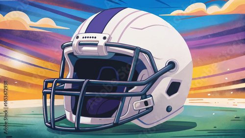 Modern white American football helmet with black faceguard, designed for safety, performance, and impact protection. Ideal for sports gear branding, contact sports visuals vector