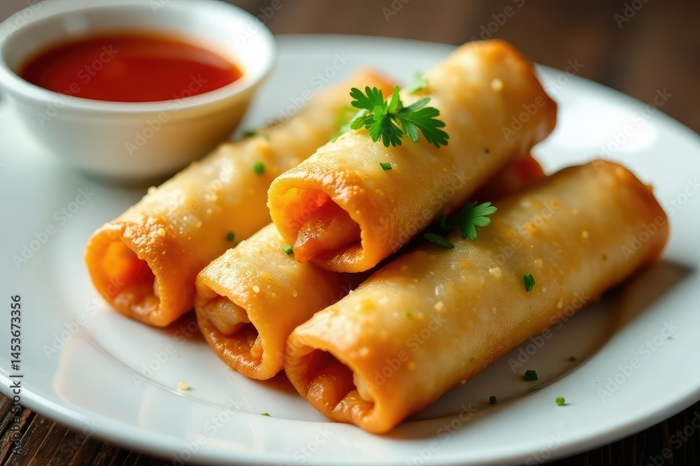 Crispy spring rolls, soy sauce, garnish, white plate, cooking, chicken, food styling Crispy spring rolls, soy sauce, garnish, white plate, cooking, chicken, food styling