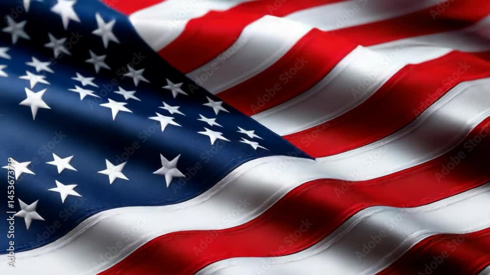 Close-up of a gently waving national flag featuring red and white stripes and a blue canton with white stars in a patriotic display. Close-up of a gently waving national flag featuring red and white stripes and a blue canton with white stars in a patriotic display.
