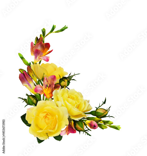 Corner floral composition with yellow roses and freesia flowers isolated on white or transparent background
