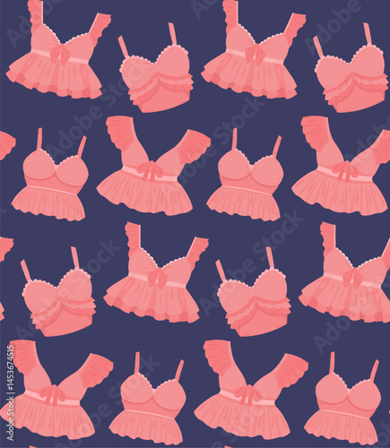 Vector seamless pattern with delicate pink bras on violet background. Texture with brassieres with ruffles. Surface design with feminine swimsuit