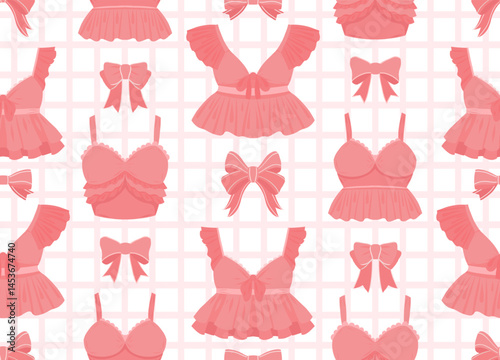 Vector seamless pattern with delicate pink bras and ribbons on cell background. Texture with brassieres with ruffles on white background.