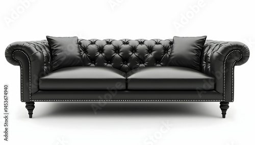Black leather sofa with pillows isolated on a white background, front view. 3D rendering of a modern design black couch with metal legs and buttons.
