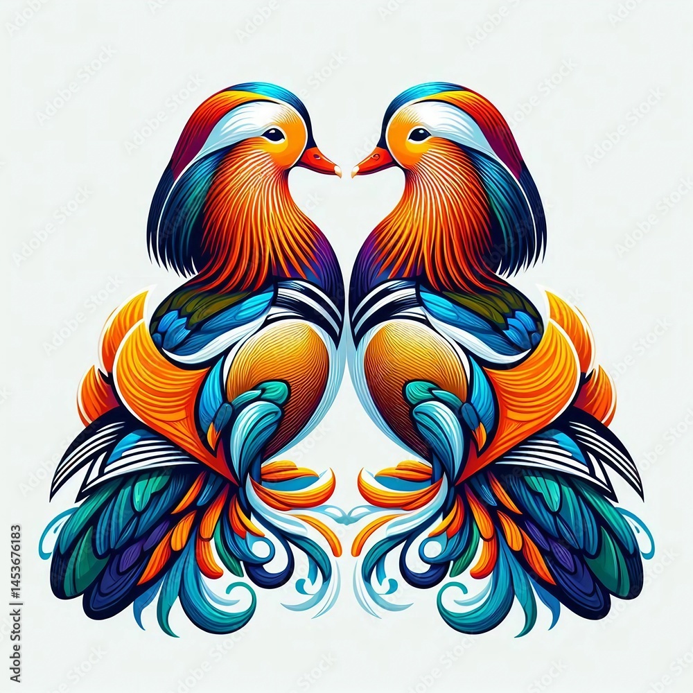 Obraz premium An artistic depiction of a pair of ducks, rich in vibrant colors and detailed feather designs, symbolizing unity and beauty.