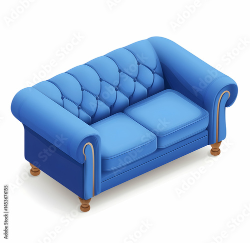 A blue sofa icon with a transparent background, high-resolution vector graphics, minimalistic design, soft shadows.