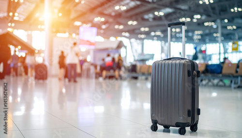 Luggage suitcase standing in airport lobby. Travel and baggage concept. photo