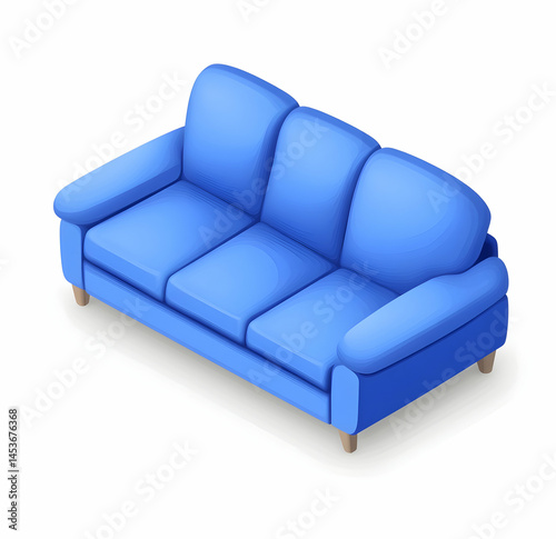 A blue sofa icon with a transparent background, high-resolution vector graphics, minimalistic design, soft shadows.