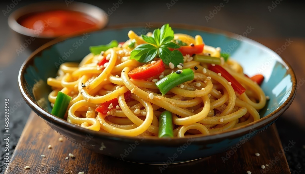 Stir-fried noodles with vegetables, sesame seeds, garnish , minimal, sesame seeds