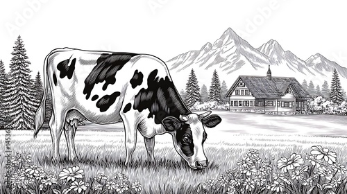 A Cow Grazing in a Picturesque Alpine Meadow