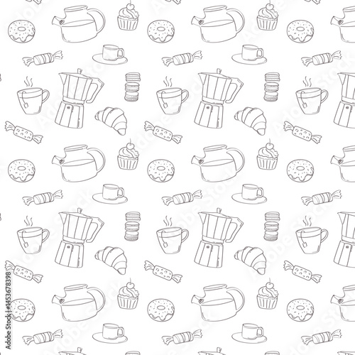 Seamless vector pattern with hand drawn desserts and hot drinks in minimalist sketch style. Perfect for packaging, wrapping paper, cafe branding, textile design and backgrounds.
