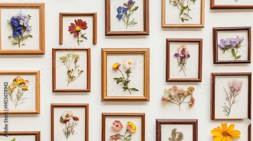 Pressed flower art display.  A collection of framed pressed flowers in various colors and types