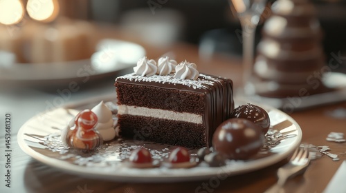 Delicious layered chocolate cake with creamy frosting and assorted candies on a white plate in a cozy café setting for dessert lovers and sweet treat enthusiasts photo
