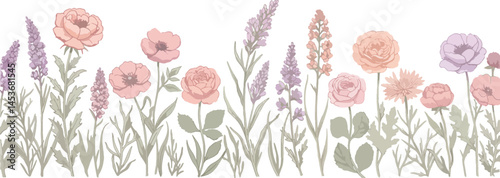 Elegant Illustration of Wildflowers in Pastel Colors on a White Background