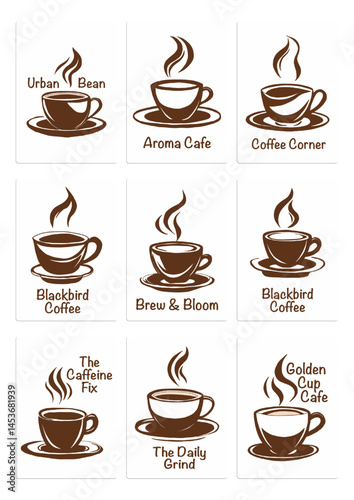The image shows 9 coffee cup logo designs, each labeled with a café name such as “Urban Bean,” “Aroma Cafe,” and “The Daily Grind,” in a 3x3 grid with steam rising from each cup.