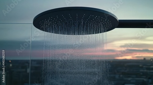 Modern shower head spraying water outdoors at sunset