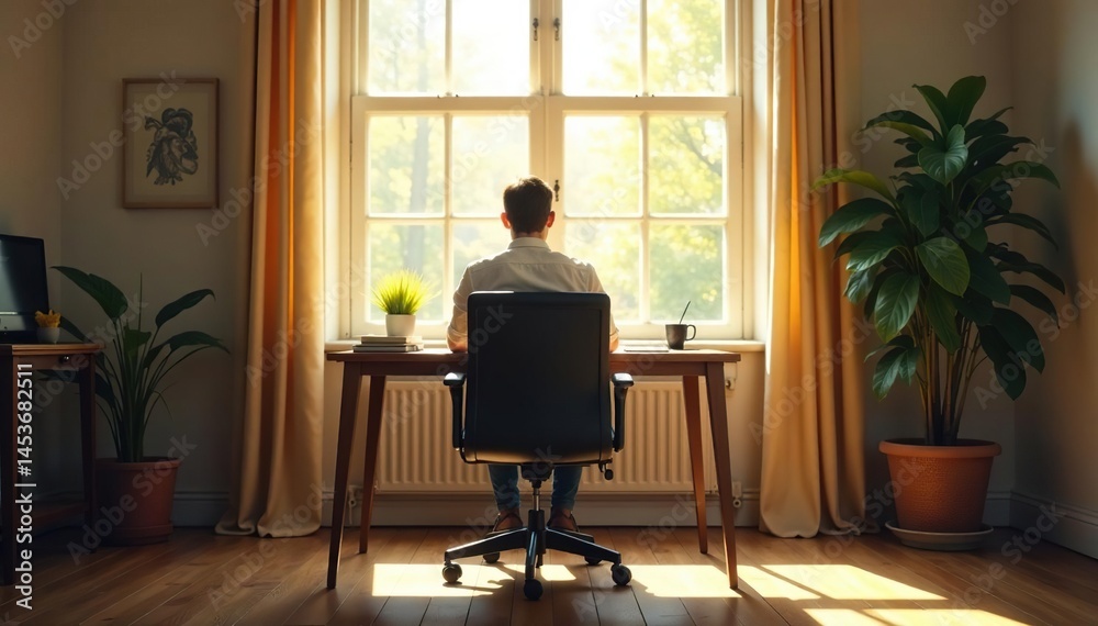 Fototapeta premium Empty chair at desk facing window, sunlight streaming in , space, workspace