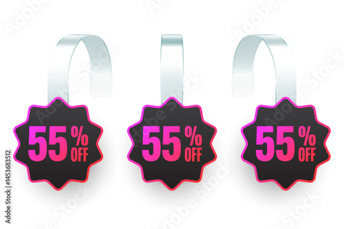 Supermarket promotional wobblers. Realistic white wobbler template for shelf advertising, 55 percent off discount. Sale label with ad text. Special offer price tag. Vector illustration