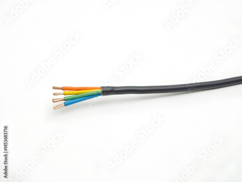 Multi-core electrical cable with colored wires exposed on white background, symbolizing power and technology. Generative AI