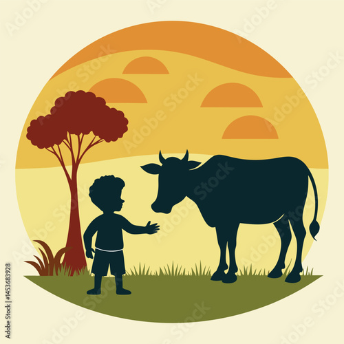 Cow graphic, Little boy and cow, silhouette of a cow, sacrifice on the Eid al-Adha holiday, Vector illustration 