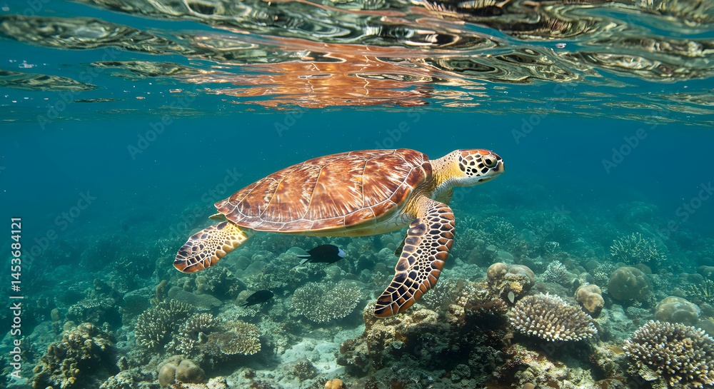 Naklejka premium Graceful Sea Turtle Swimming Above Vibrant Coral Reef in Ocean