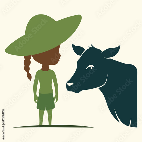 Cow graphic, Little boy and cow, silhouette of a cow, sacrifice on the Eid al-Adha holiday, Vector illustration 