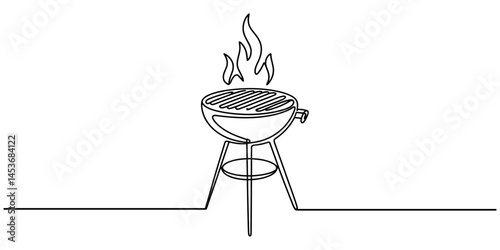 Continuous one line drawing of barbecue grill or kettle grill. barbecue grill. in single line draw illustration. Editable stroke, Single one line drawing BBQ Grill. Cooking utensil concept. Continuous