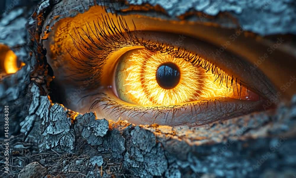 A mystical eye emerging from a tree trunk, surrounded by forest elements, glowing with warmth A mystical eye emerging from a tree trunk, surrounded by forest elements, glowing with warmth