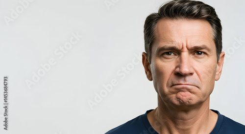 Serious man with furrowed brow expressing displeasure against plain background