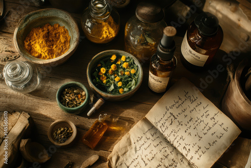 Rustic Wooden Table Adorned With Colorful Herbs, Spices, and Handwritten Notes in a Cozy Herbal Workshop