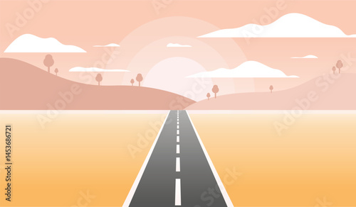Abstract landscape poster with asphalt road. Contemporary art print. Nature wall decor. Mountain background. Vector illustration.