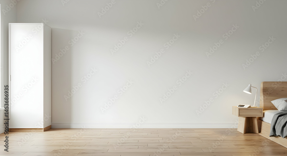 Fototapeta premium Bright Minimalist Bedroom Interior with Wooden Floor and Simple Decor