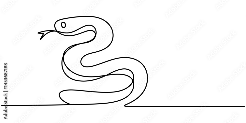 Snake one line drawing on white isolated background. 2025 Chinese New Year, Snake in one continuous line. One line drawing, minimalism. Vector illustration, Snake tattoo sticker logotype. Snake one line drawing on white isolated background. 2025 Chinese New Year, Snake in one continuous line. One line drawing, minimalism. Vector illustration, Snake tattoo sticker logotype.