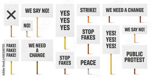Blank white protest signs with text slogans on wooden holder. Various realistic vector demonstration banners. Strike action cardboard placard mockup. Social advertisement. Vector illustration