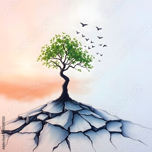Lone Tree on Mountain at Sunset, Birds Flying, Dramatic Sky, Nature Power, Survival Symbol, Hopeful Landscape, Tree of Life, Rocky Peak, Spiritual Nature Art, Epic Nature Background, Uplifting Scenery