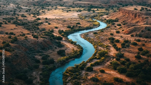 Aerial View of Parched Land and River Flow Alteration Climate Change Crisis