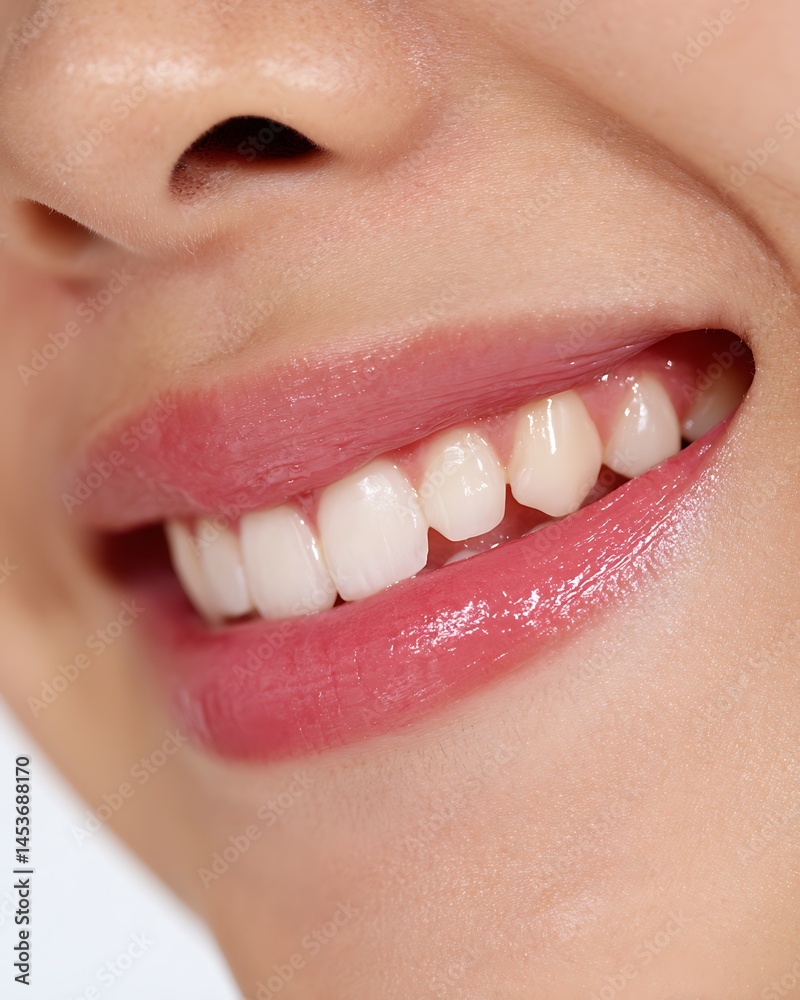 Naklejka premium Asian woman's lips and teeth smile naturally, indicating good health.