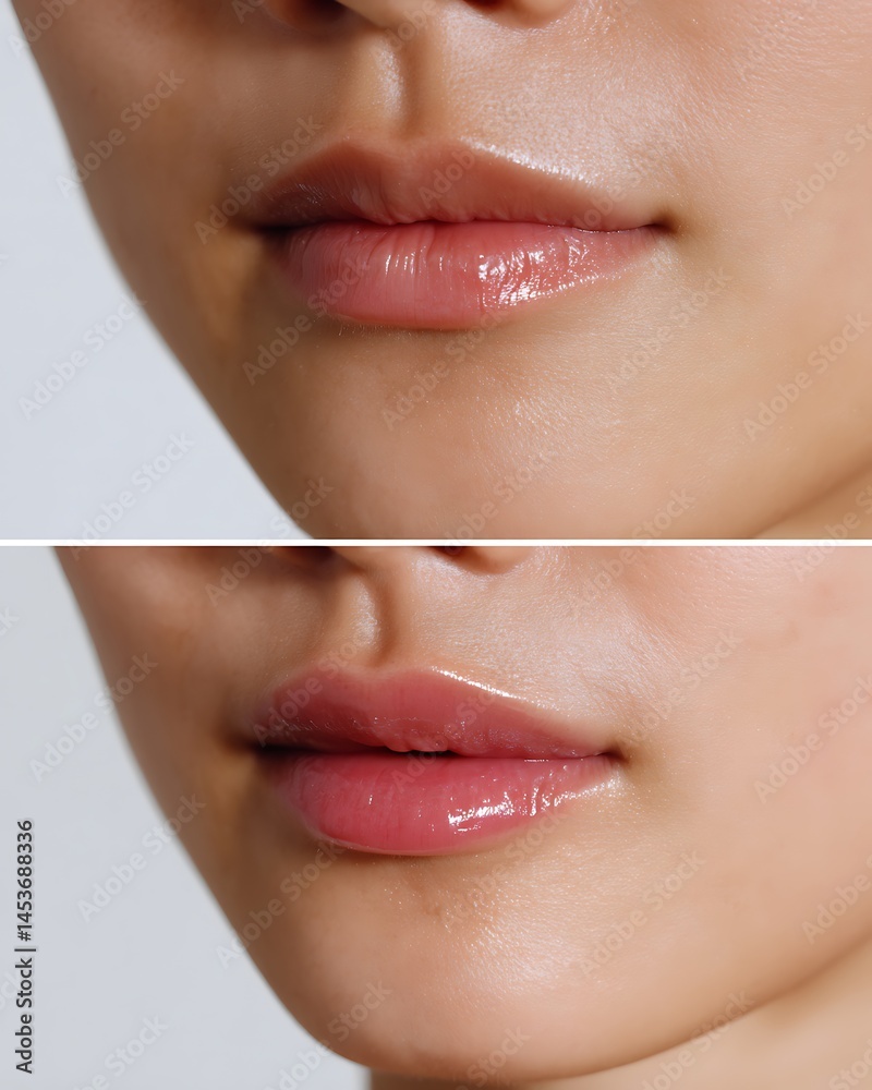 Naklejka premium Asian woman's lip filler before-after, clean background
