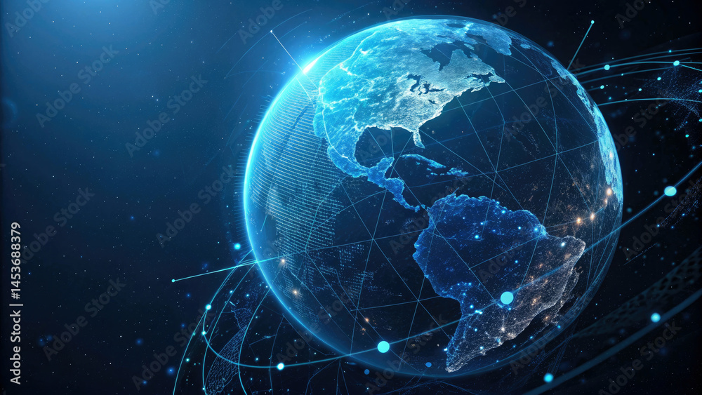 Glowing Digital Globe with Network Connections and Particle Trails