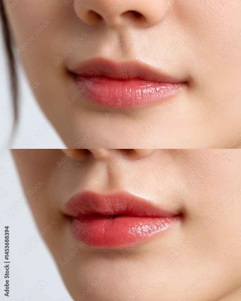 Naklejka premium Dark-skinned girl's lips are covered in shiny lip gloss, in a clean, fashionable tone.