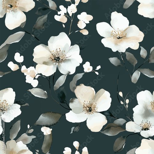 White flowers,  in soft gray and black hues. Cute watercolor seamless pattern. Watercolor print in rustic vintage style, textile or wallpapers.	