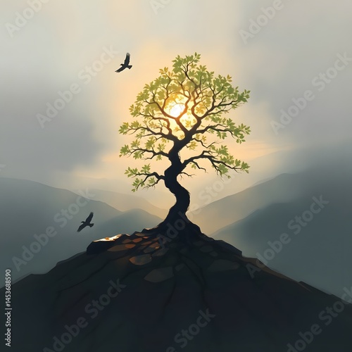 Lone Tree on Mountain at Sunset, Birds Flying, Dramatic Sky, Nature Power, Survival Symbol, Hopeful Landscape, Tree of Life, Rocky Peak, Spiritual Nature Art, Epic Nature Background, Uplifting Scenery