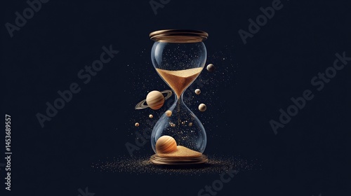 Hourglass Filled With Cosmic Sand and Miniature Planets Against Dark Backdrop