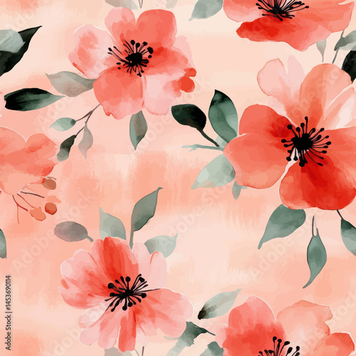 Watercolor blush pink and coral floral pattern, on a light peach background.  Cute watercolor seamless pattern. Watercolor print in rustic vintage style, textile or wallpapers.	