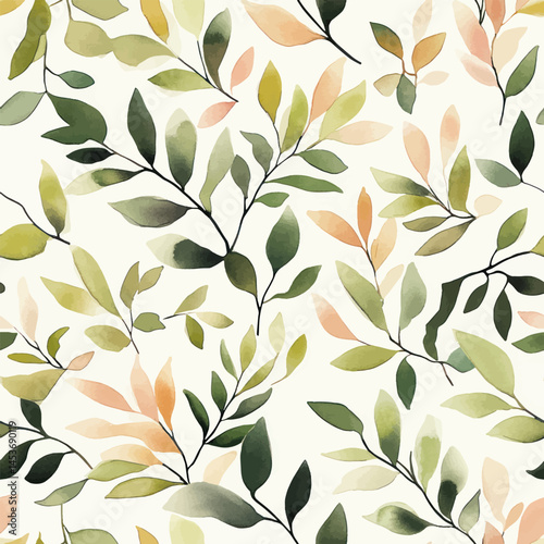 Watercolor leaves in soft greens and browns on an off-white background,  Cute watercolor seamless pattern. Watercolor print in rustic vintage style, textile or wallpapers.	
