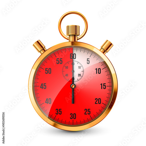 Realistic classic stopwatch. Shiny golden metal chronometer, time counter with dial. Red countdown timer showing minutes and seconds. Time measurement for sport, start, finish. Vector illustration