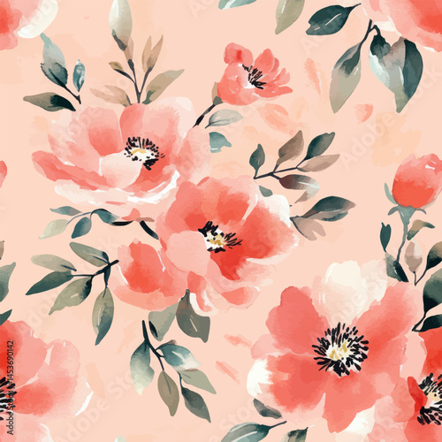 Watercolor blush pink and coral floral pattern, on a light peach background.  Cute watercolor seamless pattern. Watercolor print in rustic vintage style, textile or wallpapers.	