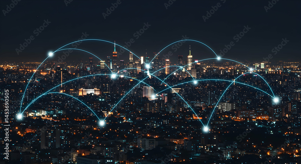 Night Cityscape with Digital Connections and Data Flow Visualization