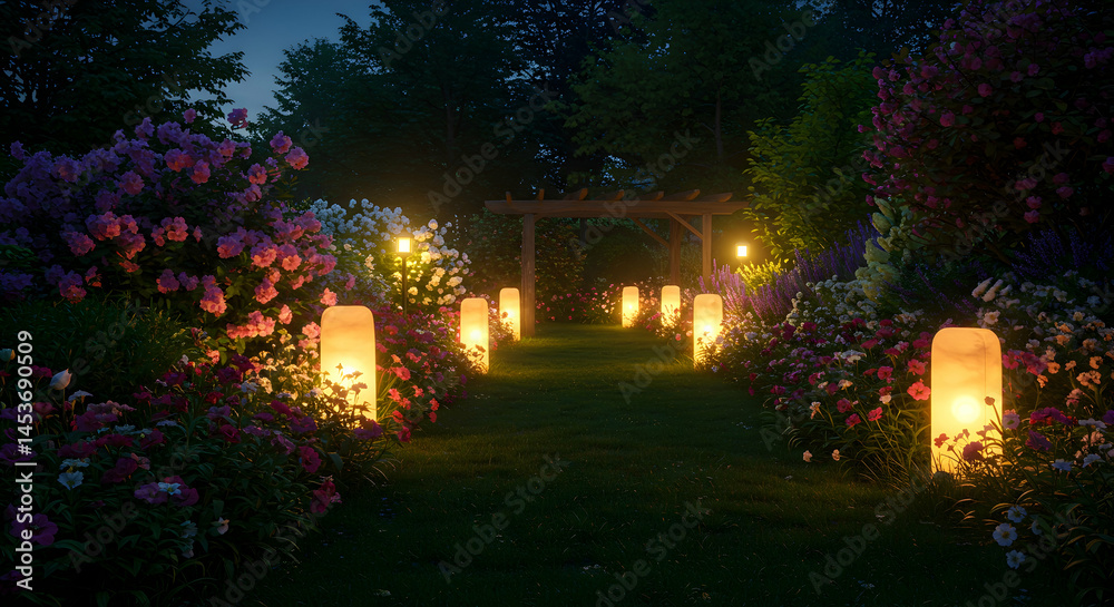 Fototapeta premium Enchanted Garden Pathway with Lanterns Surrounded by Flowers