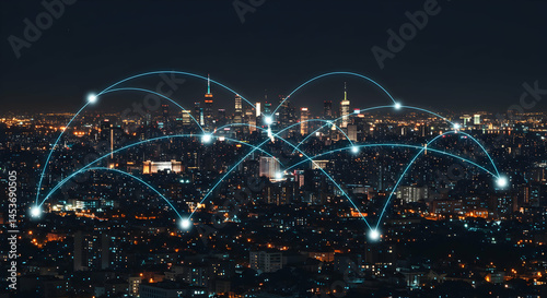 Obraz na płótnie Night Cityscape with Digital Connections and Data Flow Visualization w salonie